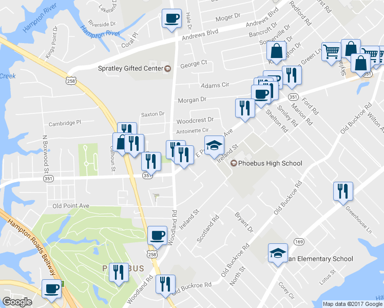 map of restaurants, bars, coffee shops, grocery stores, and more near 1427 East Pembroke Avenue in Hampton
