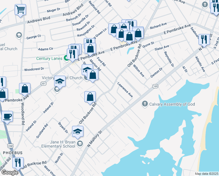 map of restaurants, bars, coffee shops, grocery stores, and more near 1301 Old Buckroe Road in Hampton