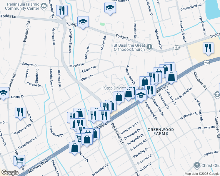 map of restaurants, bars, coffee shops, grocery stores, and more near 534 Hollomon Drive in Hampton