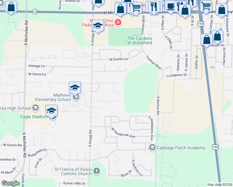 map of restaurants, bars, coffee shops, grocery stores, and more near Jake Flood Cir in Nixa