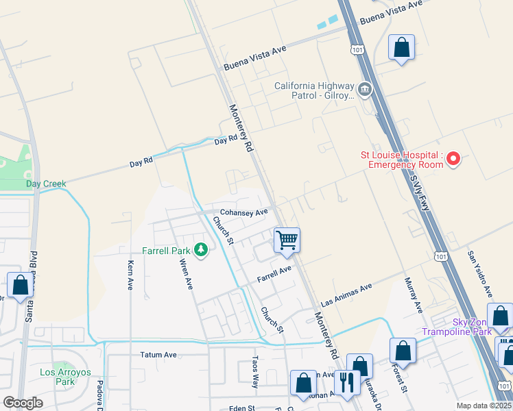 map of restaurants, bars, coffee shops, grocery stores, and more near 9565 Monterey Road in Gilroy