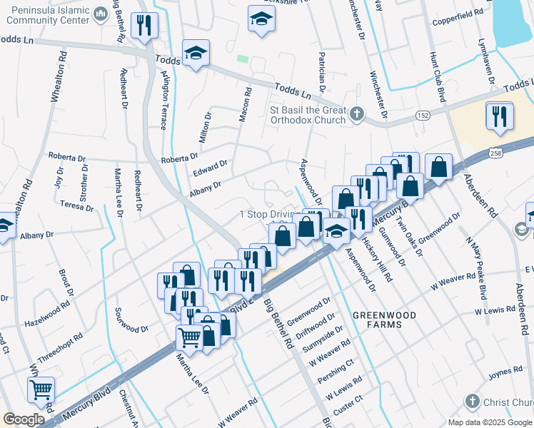 map of restaurants, bars, coffee shops, grocery stores, and more near 32 Lyford Key in Hampton