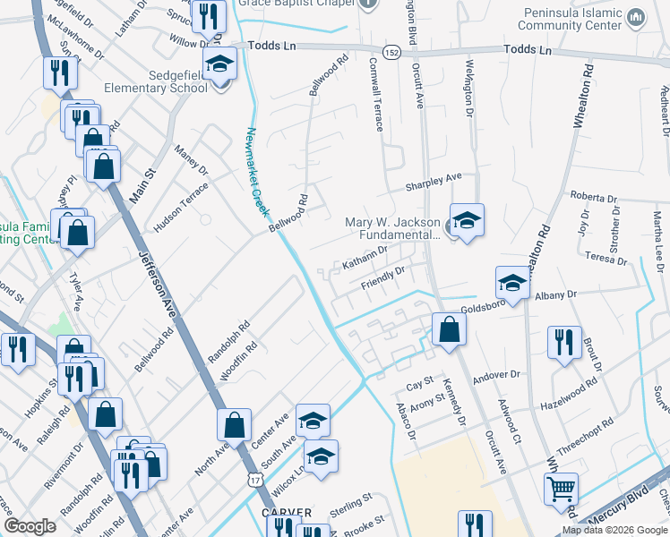 map of restaurants, bars, coffee shops, grocery stores, and more near 45 Robert's Trce in Hampton