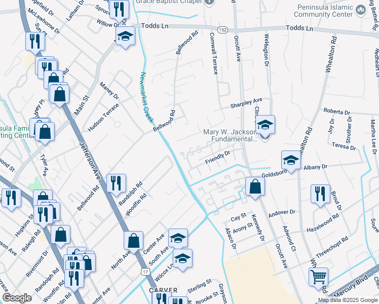 map of restaurants, bars, coffee shops, grocery stores, and more near 45 Robert's Trce in Hampton
