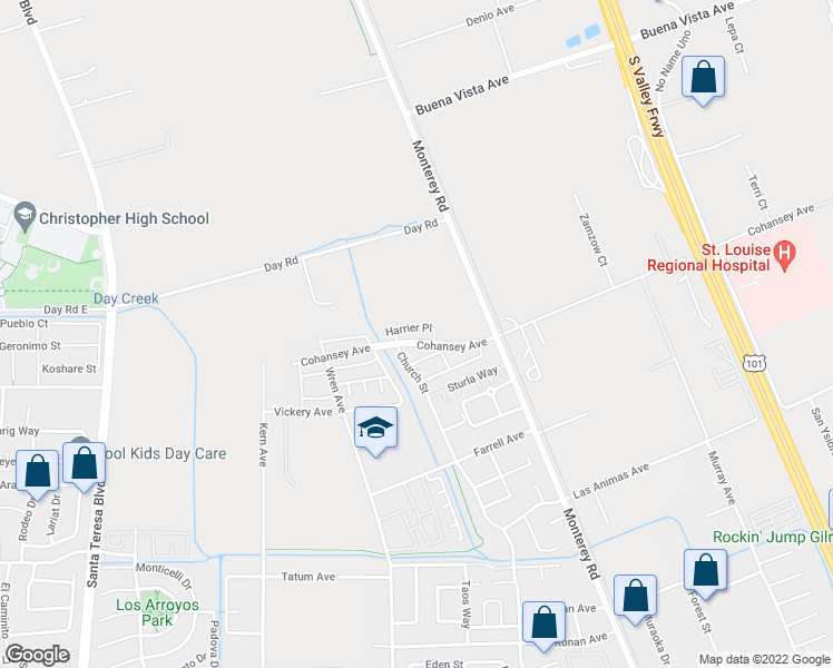 map of restaurants, bars, coffee shops, grocery stores, and more near 140 Harrier Place in Gilroy