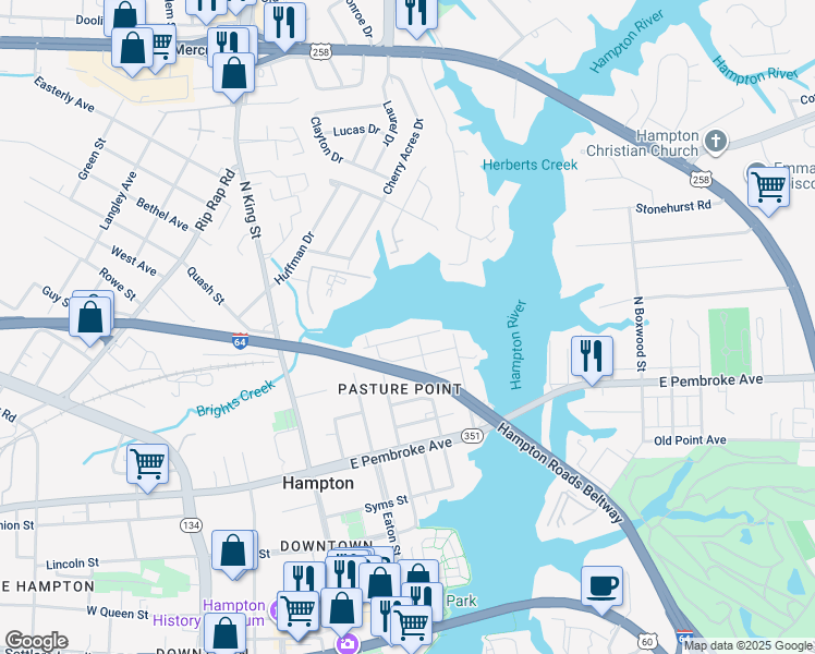 map of restaurants, bars, coffee shops, grocery stores, and more near 415 Creek Avenue in Hampton