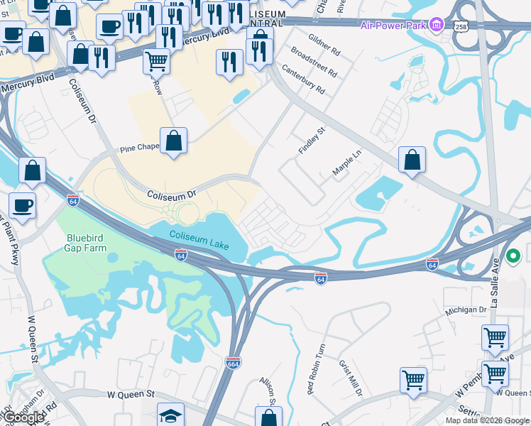 map of restaurants, bars, coffee shops, grocery stores, and more near 215 Waterside Drive in Hampton