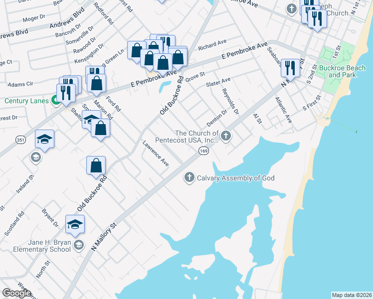 map of restaurants, bars, coffee shops, grocery stores, and more near 306 Darby Avenue in Hampton