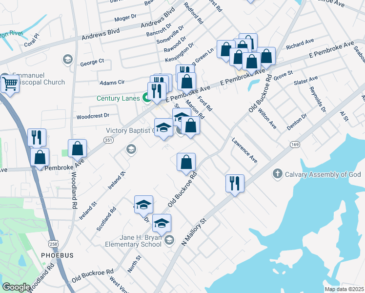 map of restaurants, bars, coffee shops, grocery stores, and more near 1527 Edson Terrace in Hampton