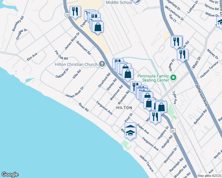 map of restaurants, bars, coffee shops, grocery stores, and more near 38 Shirley Road in Newport News