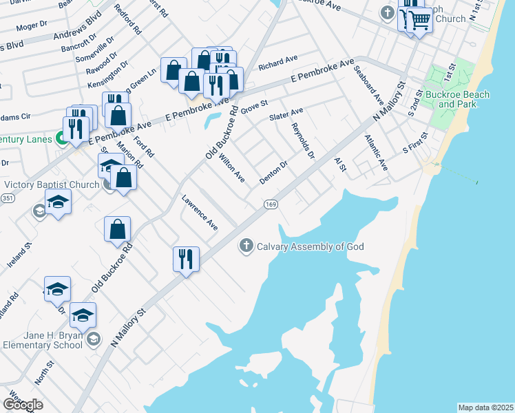map of restaurants, bars, coffee shops, grocery stores, and more near 1501 North Mallory Street in Hampton