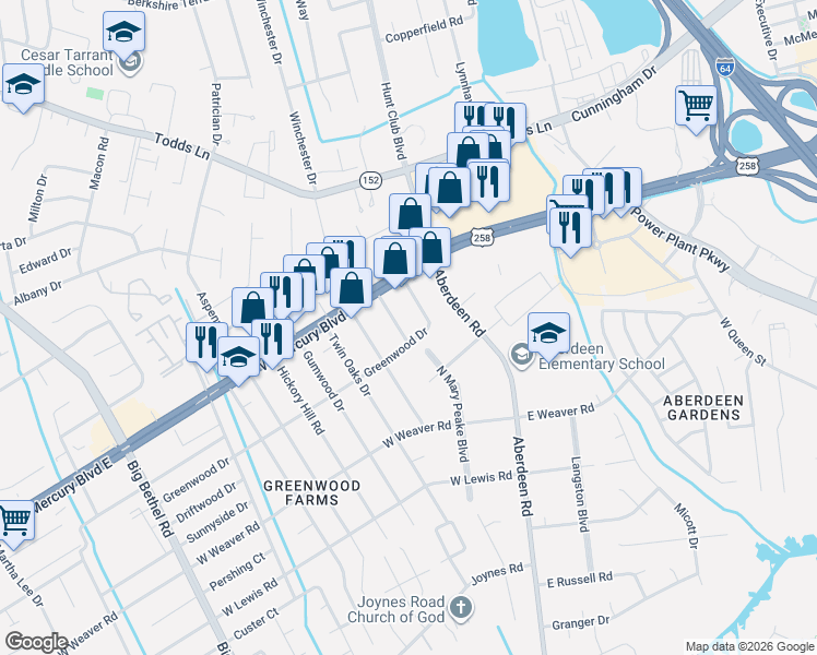 map of restaurants, bars, coffee shops, grocery stores, and more near 9 Beechwood Road in Hampton