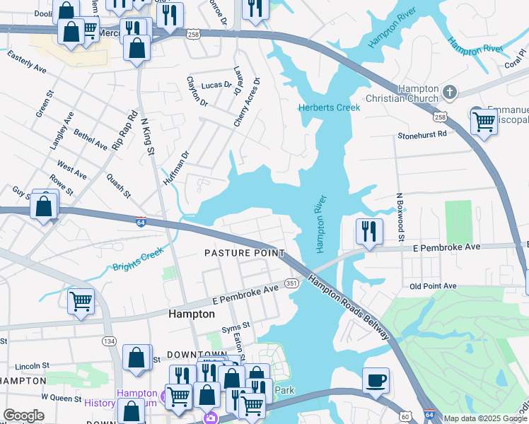 map of restaurants, bars, coffee shops, grocery stores, and more near 415 Creek Avenue in Hampton