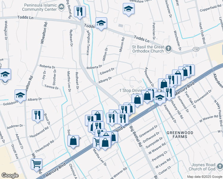 map of restaurants, bars, coffee shops, grocery stores, and more near 677 Hollomon Drive in Hampton