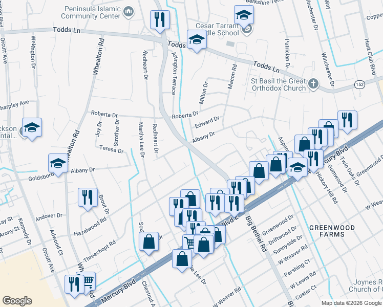 map of restaurants, bars, coffee shops, grocery stores, and more near 514 Big Bethel Road in Hampton