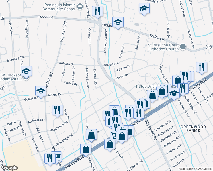 map of restaurants, bars, coffee shops, grocery stores, and more near 142 Albany Drive in Hampton