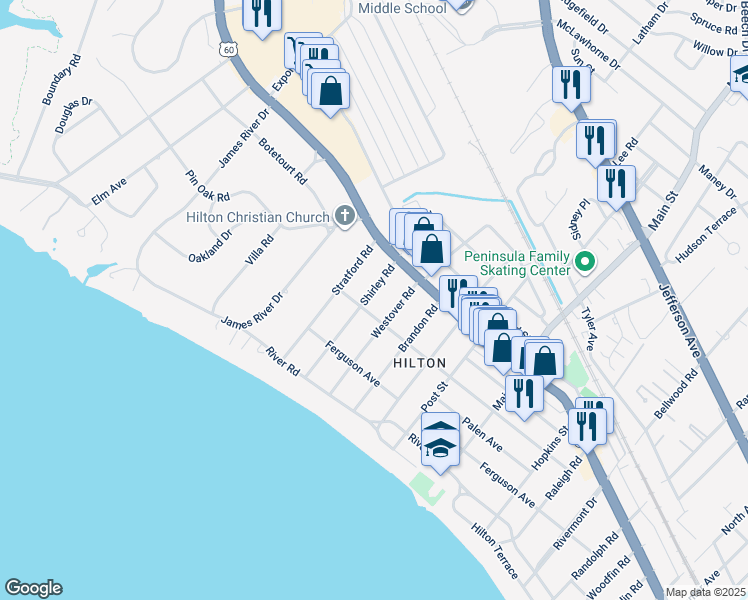 map of restaurants, bars, coffee shops, grocery stores, and more near 38 Shirley Road in Newport News