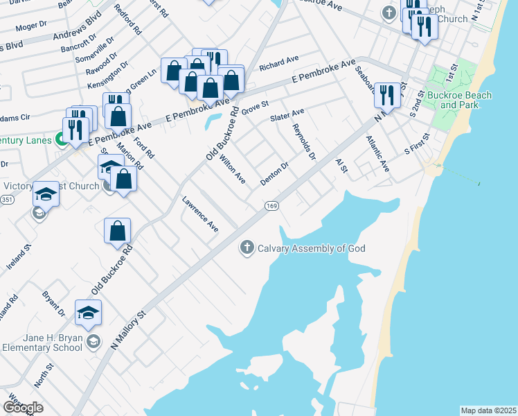 map of restaurants, bars, coffee shops, grocery stores, and more near 1501 North Mallory Street in Hampton