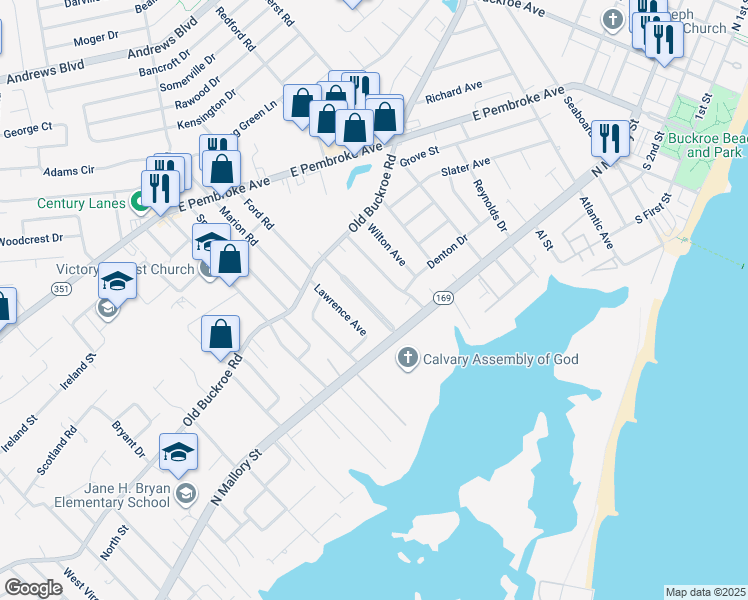 map of restaurants, bars, coffee shops, grocery stores, and more near 18 Ambrose Lane in Hampton