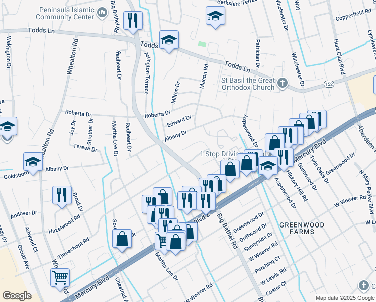 map of restaurants, bars, coffee shops, grocery stores, and more near 675 Hollomon Drive in Hampton