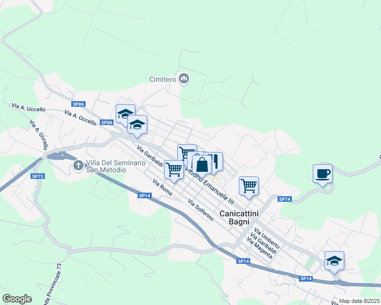 map of restaurants, bars, coffee shops, grocery stores, and more near 96-98 Via P. Lolanda in Canicattini Bagni