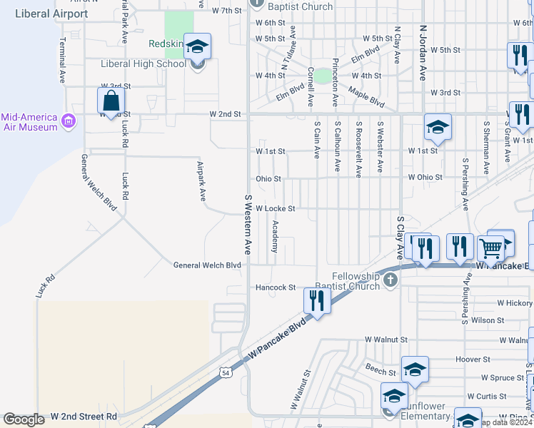 map of restaurants, bars, coffee shops, grocery stores, and more near 318 South Purdue Avenue in Liberal