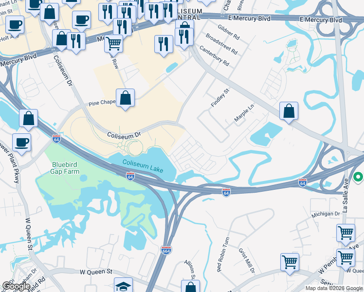 map of restaurants, bars, coffee shops, grocery stores, and more near 215 Waterside Drive in Hampton