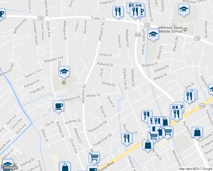 map of restaurants, bars, coffee shops, grocery stores, and more near 16 Teresa Drive in Hampton