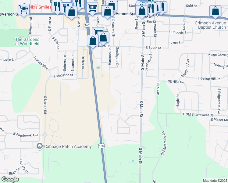 map of restaurants, bars, coffee shops, grocery stores, and more near 500 Harrison Street in Nixa
