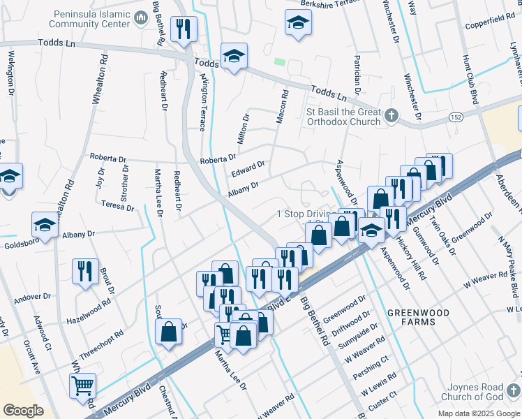 map of restaurants, bars, coffee shops, grocery stores, and more near 673 Hollomon Drive in Hampton