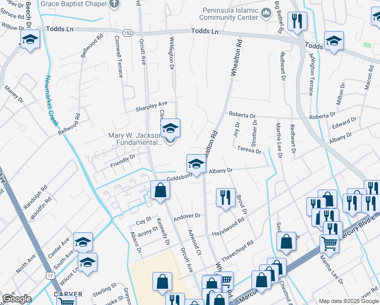 map of restaurants, bars, coffee shops, grocery stores, and more near 5 Baines Road in Hampton