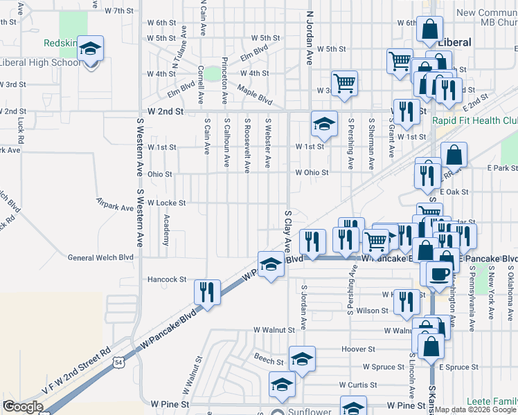 map of restaurants, bars, coffee shops, grocery stores, and more near 850-898 West Locke Street in Liberal