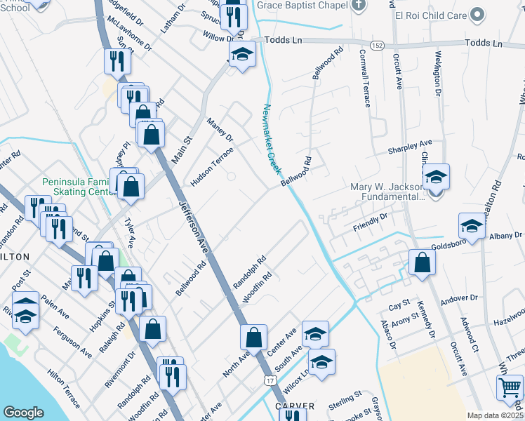 map of restaurants, bars, coffee shops, grocery stores, and more near 650 Bellwood Road in Newport News