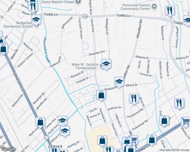 map of restaurants, bars, coffee shops, grocery stores, and more near 101 Friendly Drive in Newport News