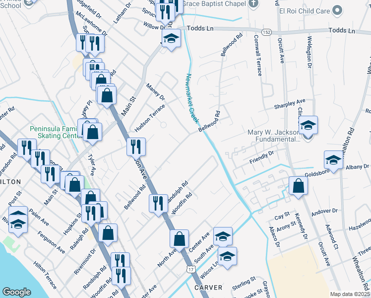 map of restaurants, bars, coffee shops, grocery stores, and more near 650 Bellwood Road in Newport News