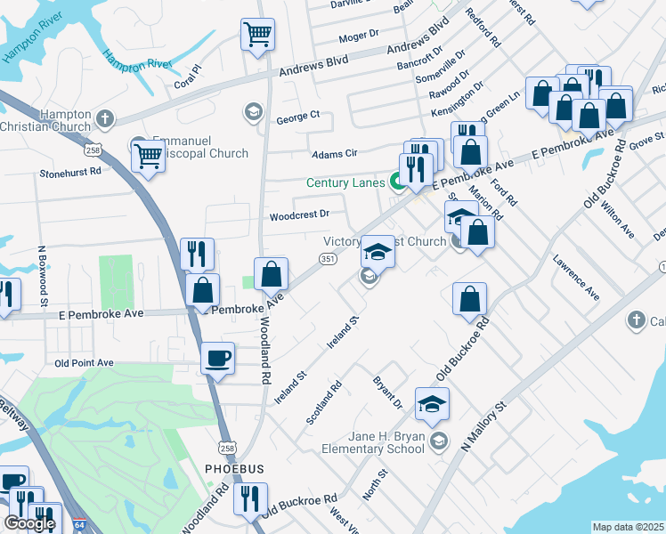 map of restaurants, bars, coffee shops, grocery stores, and more near 1444 East Pembroke Avenue in Hampton