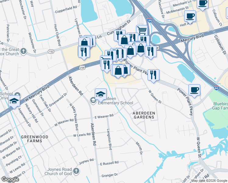 map of restaurants, bars, coffee shops, grocery stores, and more near 89 Jordan Drive in Hampton