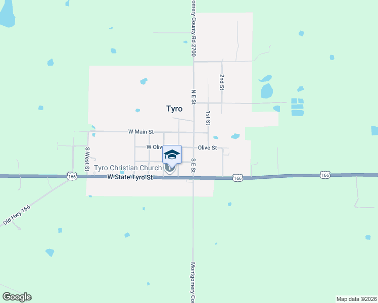 map of restaurants, bars, coffee shops, grocery stores, and more near 103 Olive Street in Tyro