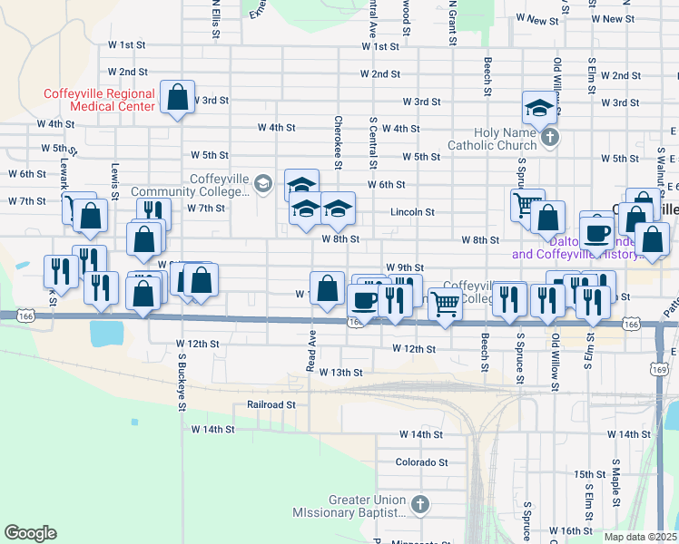 map of restaurants, bars, coffee shops, grocery stores, and more near 1003 West 9th Street in Coffeyville