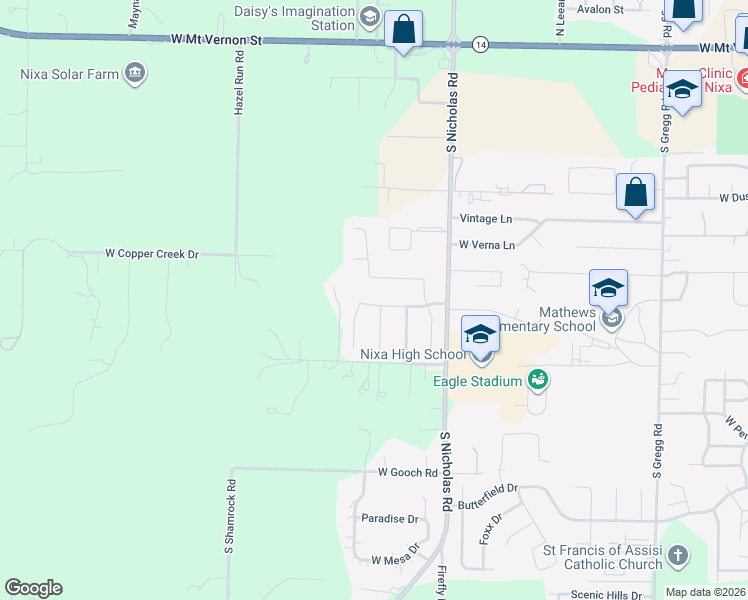 map of restaurants, bars, coffee shops, grocery stores, and more near 1317 Woodcastle Road in Nixa