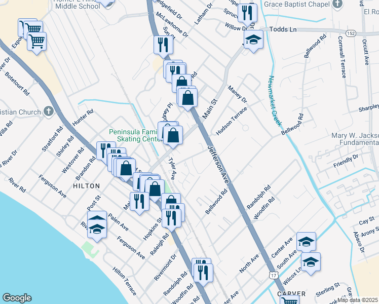 map of restaurants, bars, coffee shops, grocery stores, and more near 316 Main Street in Newport News