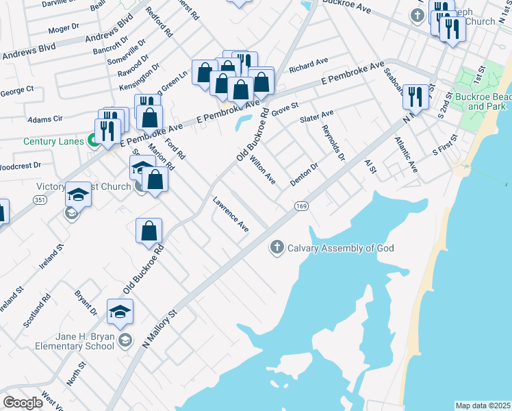 map of restaurants, bars, coffee shops, grocery stores, and more near 18 Ambrose Lane in Hampton