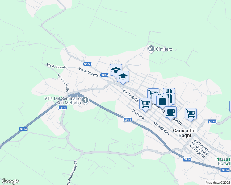 map of restaurants, bars, coffee shops, grocery stores, and more near 21 Via Arturo Basile in Canicattini Bagni