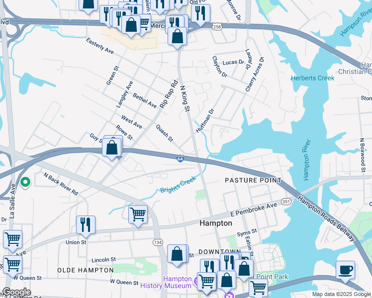 map of restaurants, bars, coffee shops, grocery stores, and more near 836 Quash Street in Hampton