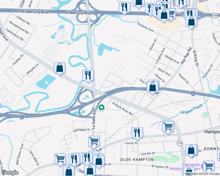 map of restaurants, bars, coffee shops, grocery stores, and more near 1309 Willnew Drive in Hampton