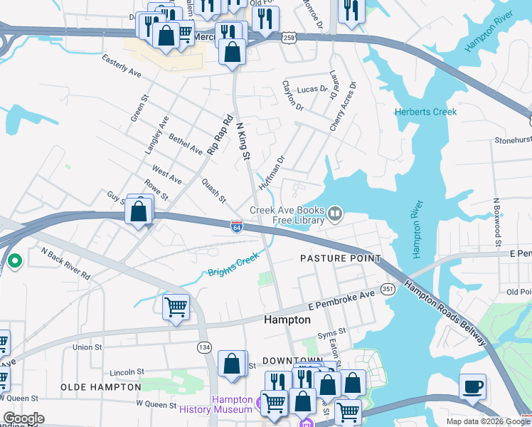 map of restaurants, bars, coffee shops, grocery stores, and more near 808 North King Street in Hampton