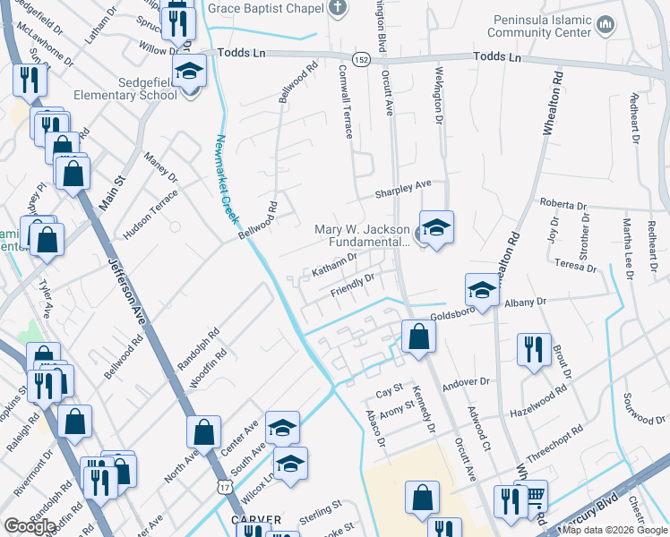 map of restaurants, bars, coffee shops, grocery stores, and more near 216a Kathann Drive in Hampton