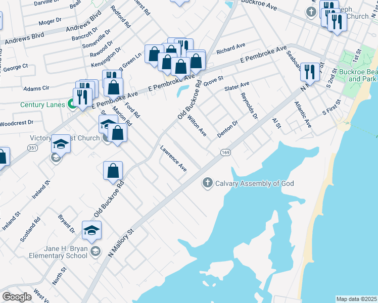 map of restaurants, bars, coffee shops, grocery stores, and more near 20 Ambrose Lane in Hampton