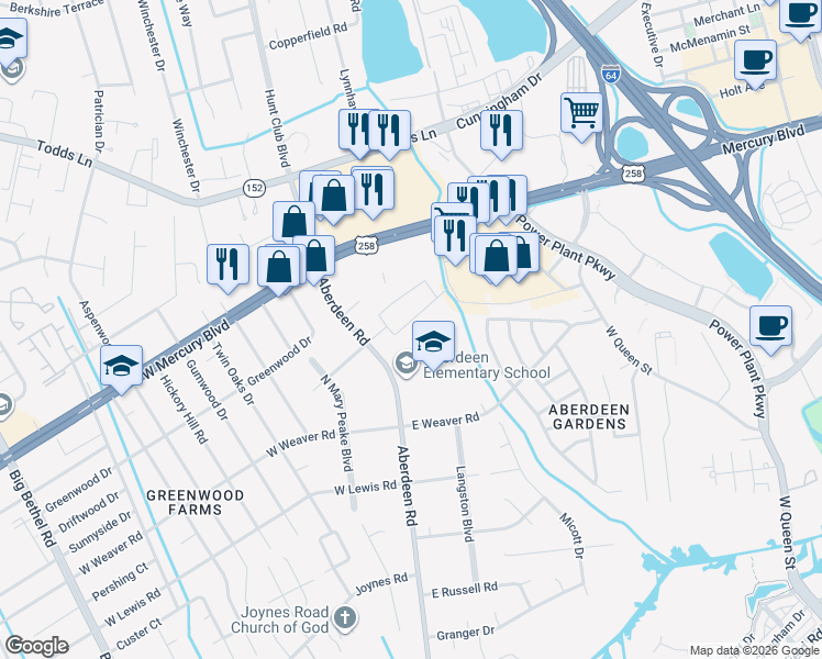 map of restaurants, bars, coffee shops, grocery stores, and more near 14 East Walker Road in Hampton