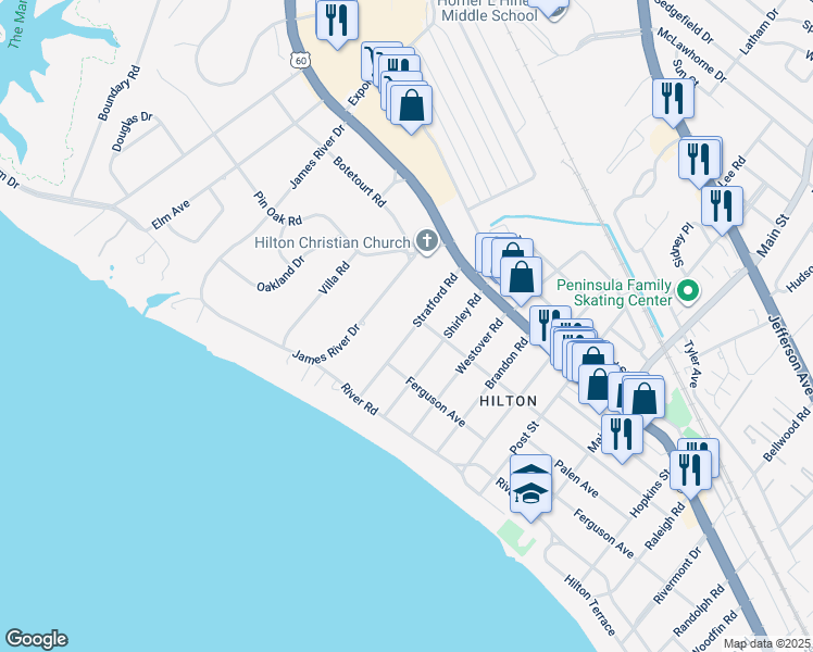 map of restaurants, bars, coffee shops, grocery stores, and more near 27 Stratford Road in Newport News